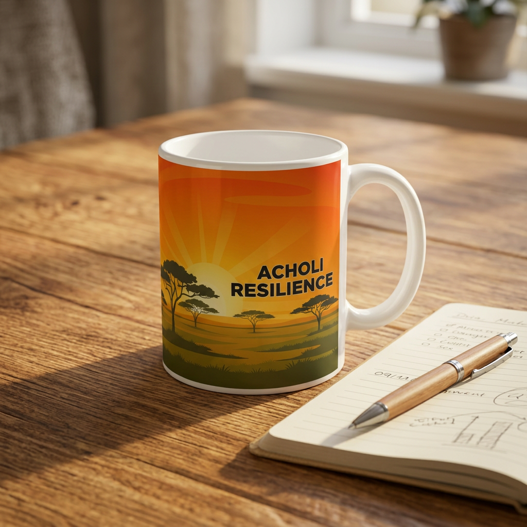Savanna Sunrise Mug — Styled on a desk — morning coffee setting.