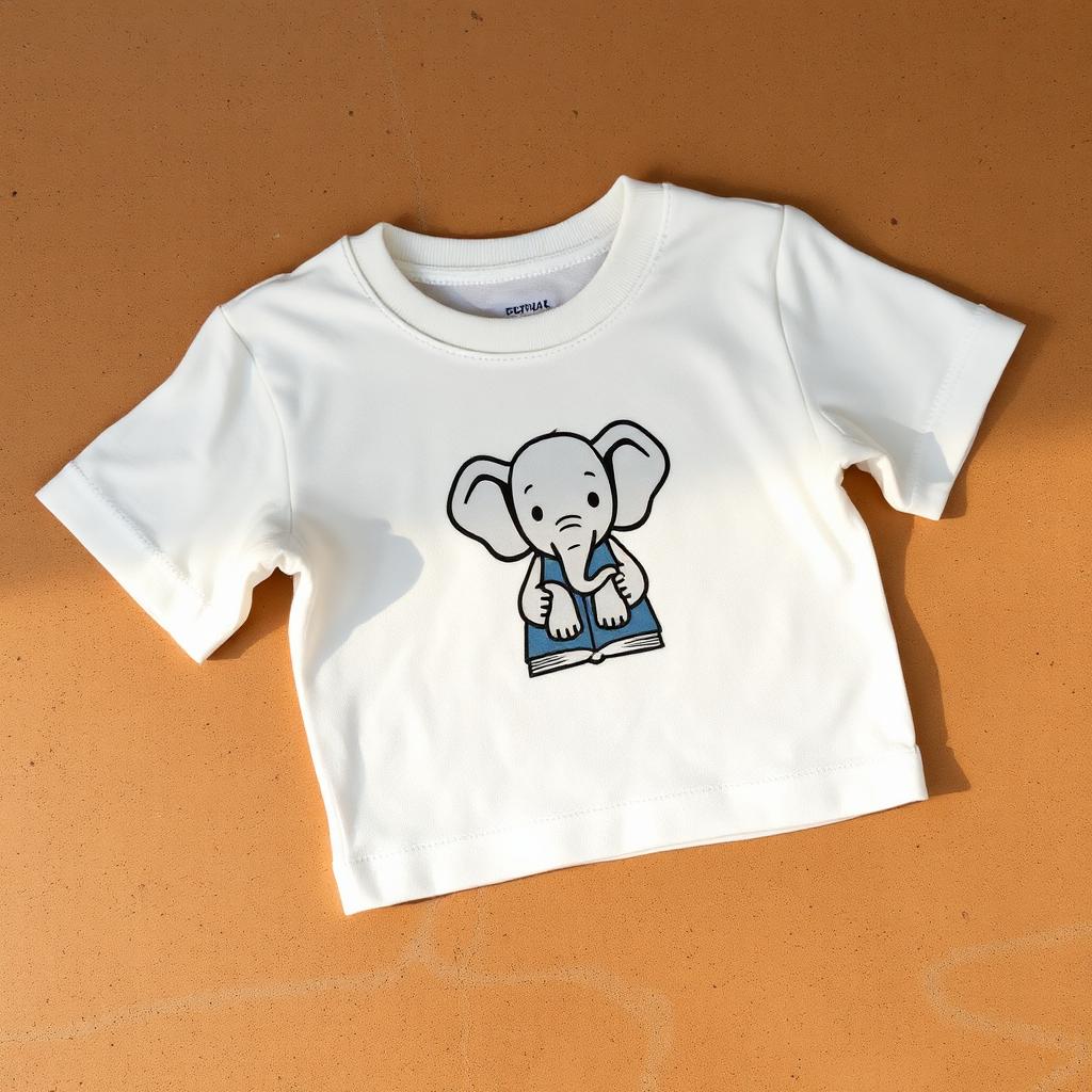 Small Steps Kids Tee — Flat lay — elephant reading a book print, kids fit.