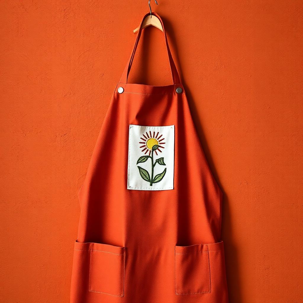 Harvest Dignity Apron — Hanging on a clay wall — embroidered sunrise-seed patch.