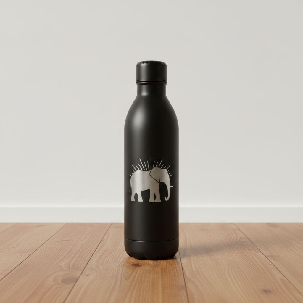 Elephant Water Bottle — Studio shot — matte bottle with silver elephant mark.