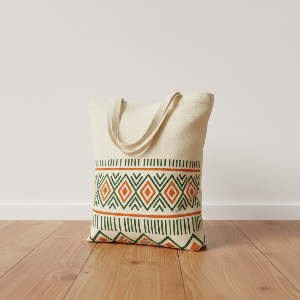 Acholi Pattern Tote — Studio shot — Acholi pattern printed on natural canvas.