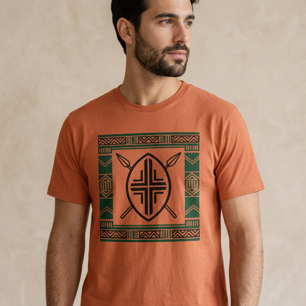 Shield Tee — Terracotta — On model — real fit and chest graphic scale.