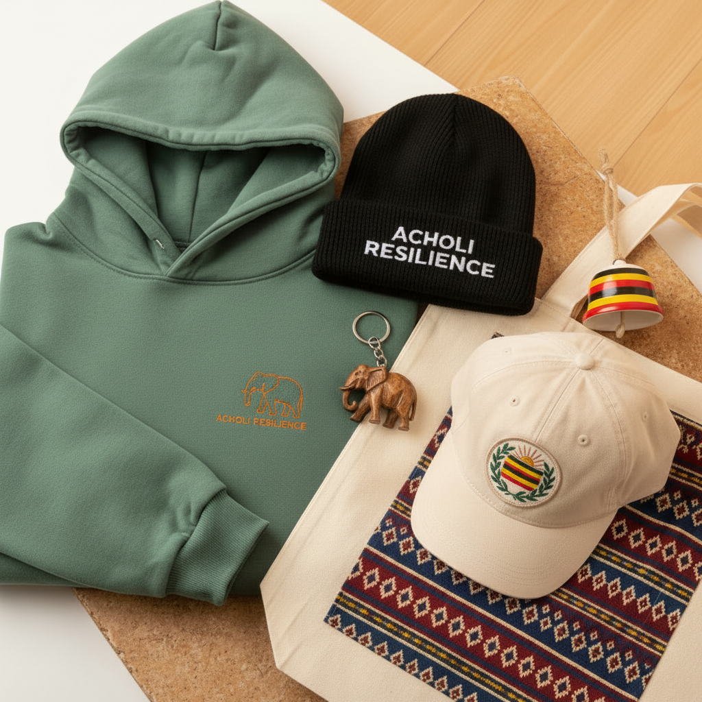 Acholi Resilience collection flat lay: hoodie, beanie, cap, tote, keychain and ornament