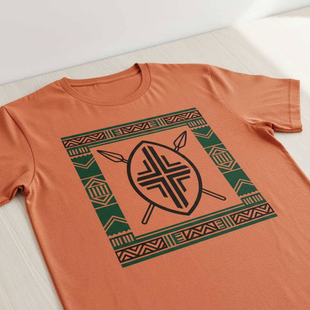 Shield Tee — Terracotta — Flat lay — full shield motif and border pattern.