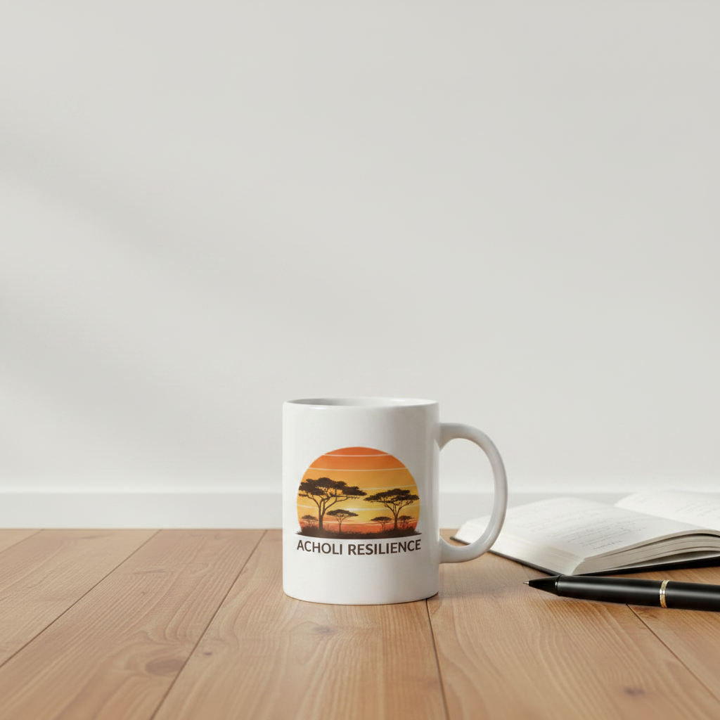 Savanna Sunrise Mug — On a wooden desk — full-wrap sunrise artwork.