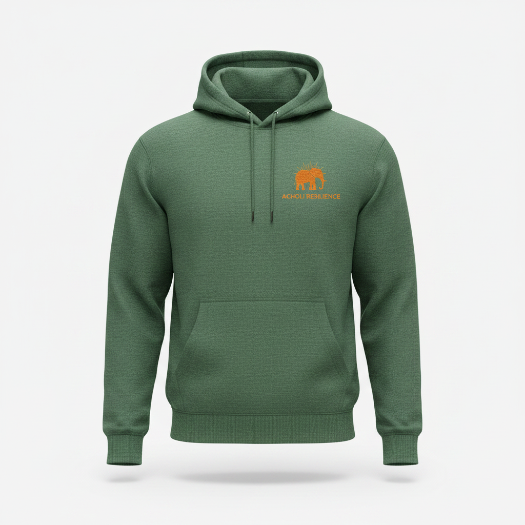 Elephant Hoodie — Sage — Front view — sage hoodie with orange elephant emblem.