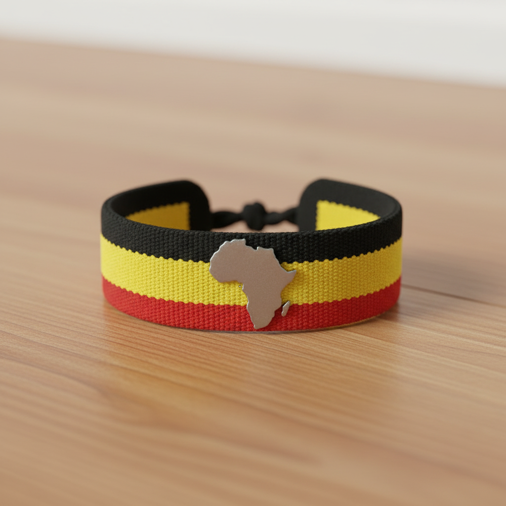 Uganda Bracelet — Studio shot — Uganda stripe bracelet with Africa charm.