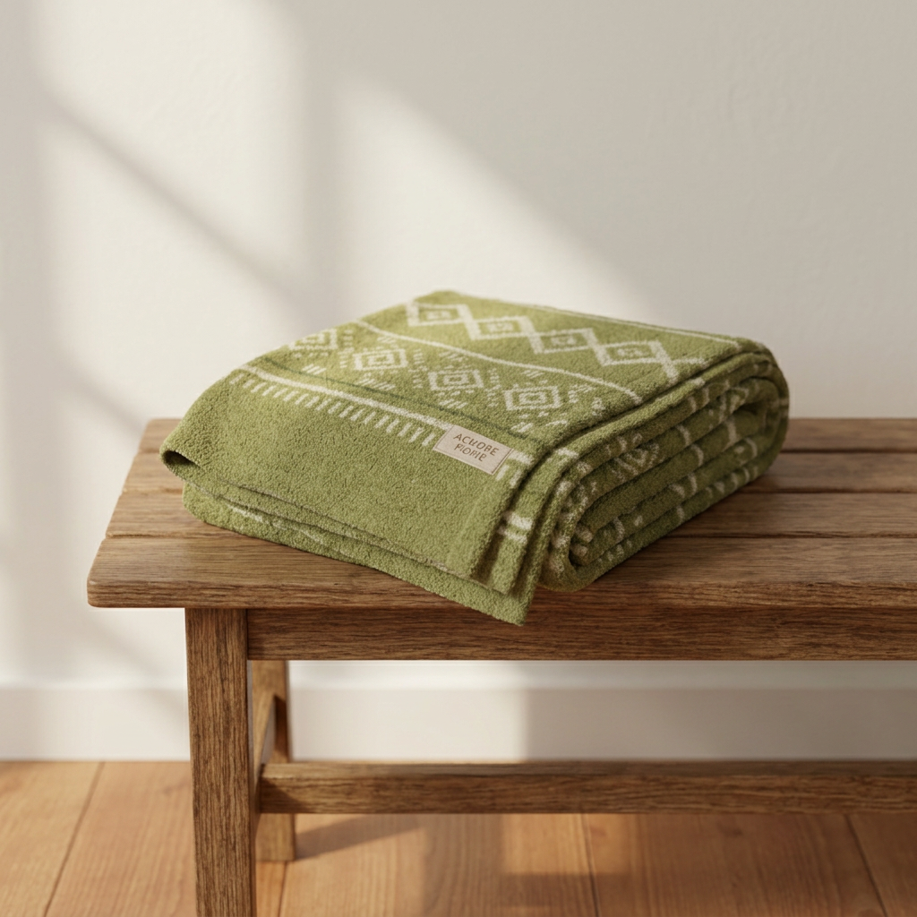 Olive Throw Blanket — Folded on a bench — woven surface and finish.