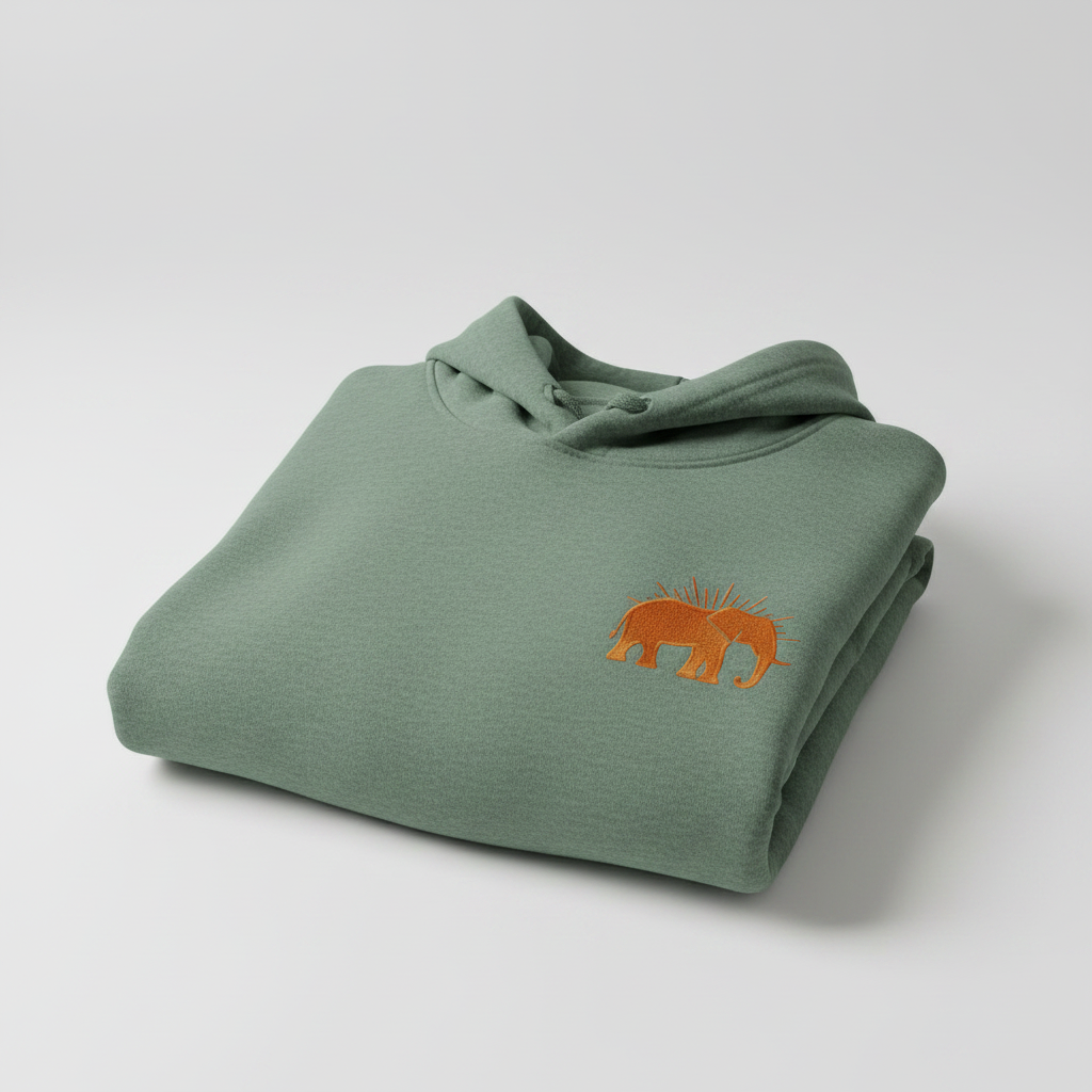 Elephant Hoodie — Sage — Folded flat lay — showing brushed fabric and stitching.