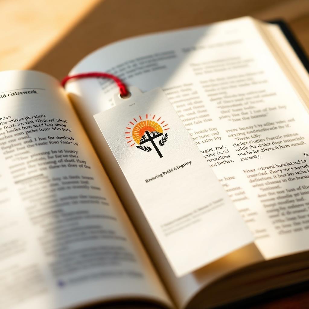 Faith & Dignity Bookmark — Resting inside an open Bible — sunrise and olive-branch motif.