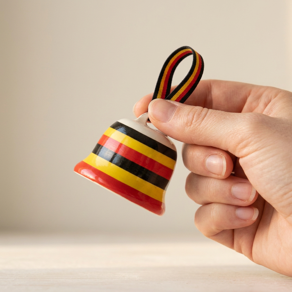 Uganda Flag Bell — In hand — showing scale and gloss finish.
