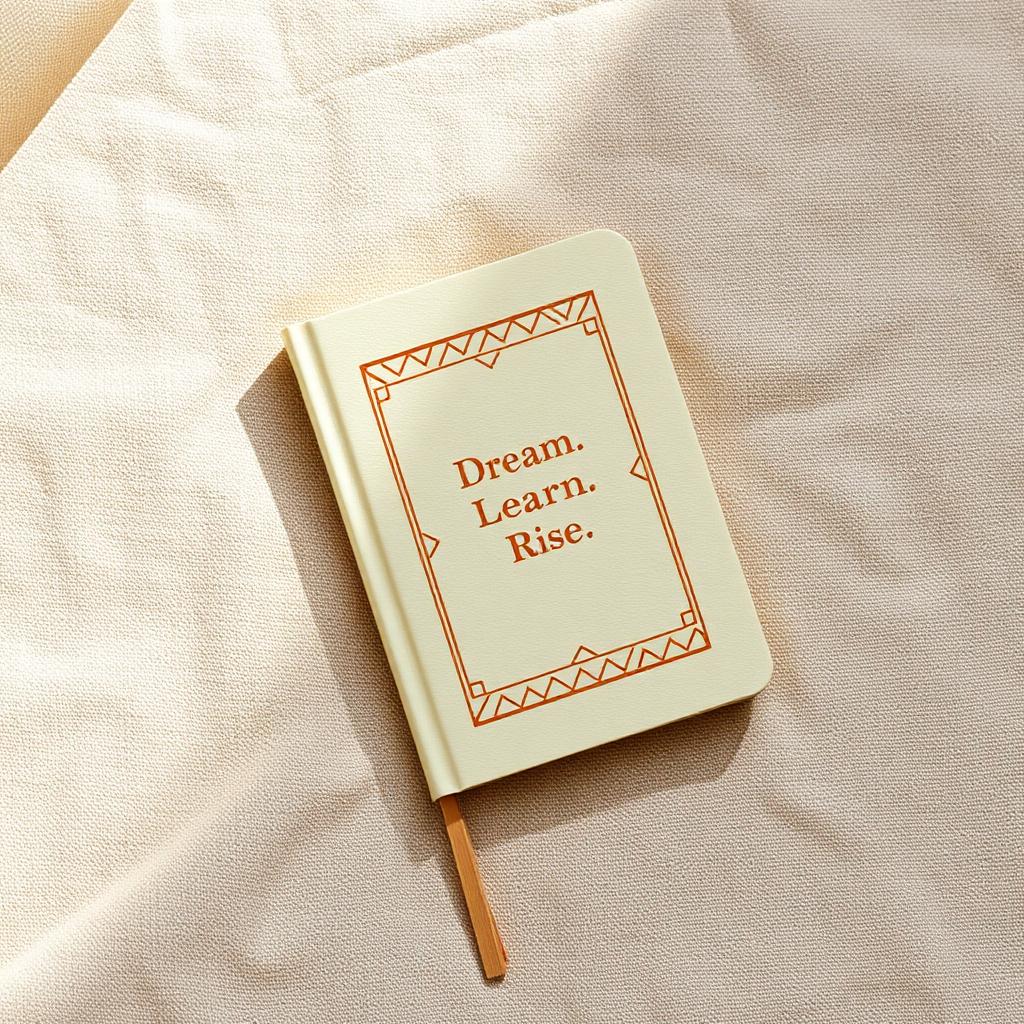 Future Builders Notebook — Flat lay — Dream. Learn. Rise. notebook on natural linen.