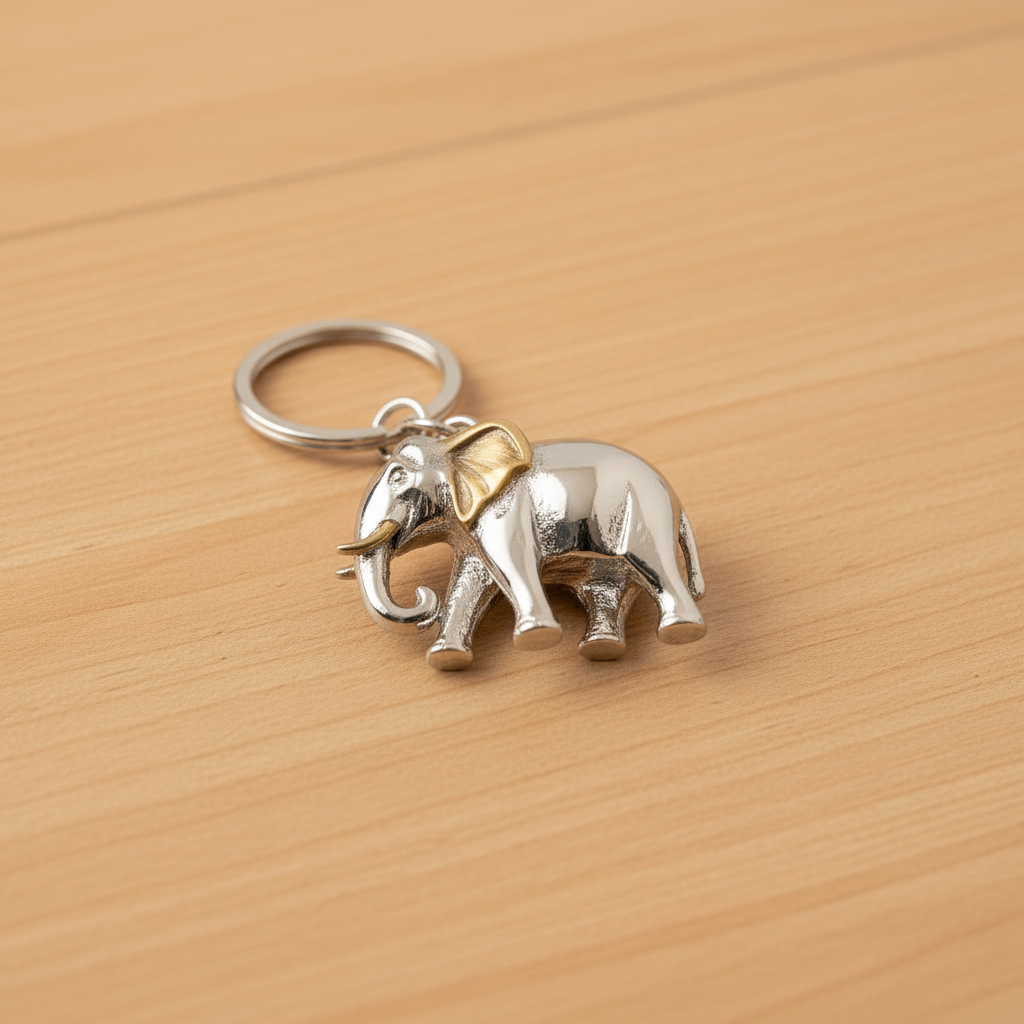 Elephant Keychain — Studio shot — silver elephant keychain with brass ear.