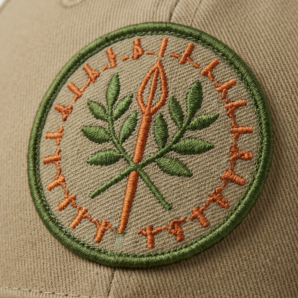 Field Cap — Khaki — Detail — embroidered olive branches and spear.
