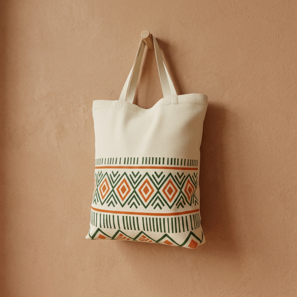 Acholi Pattern Tote — Hanging against a clay wall — everyday carry.