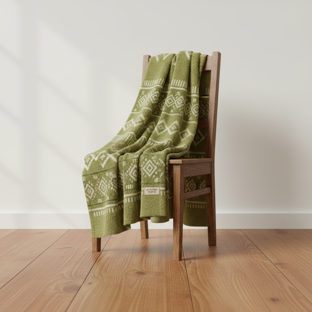 Olive Throw Blanket — Draped over a chair — full pattern and texture.
