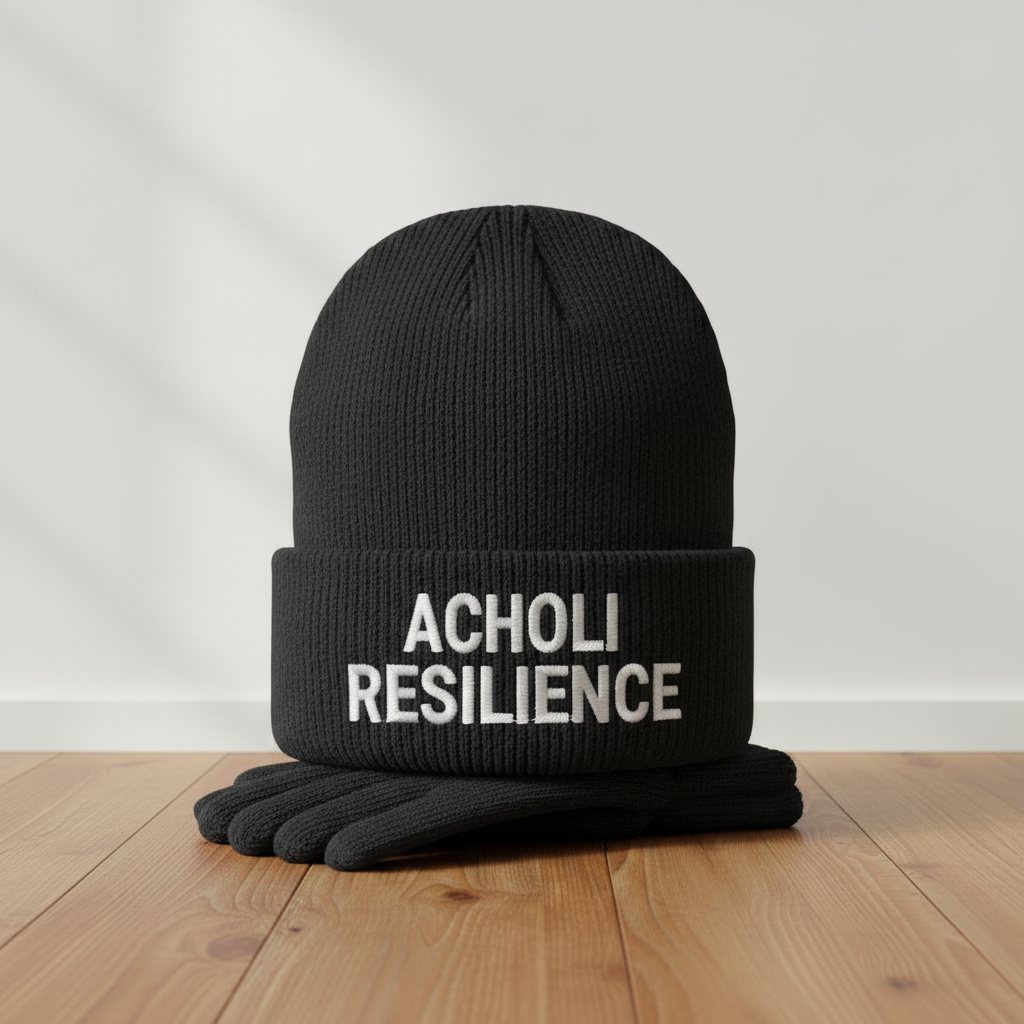Resilience Beanie — Styled with matching gloves on a wooden floor.