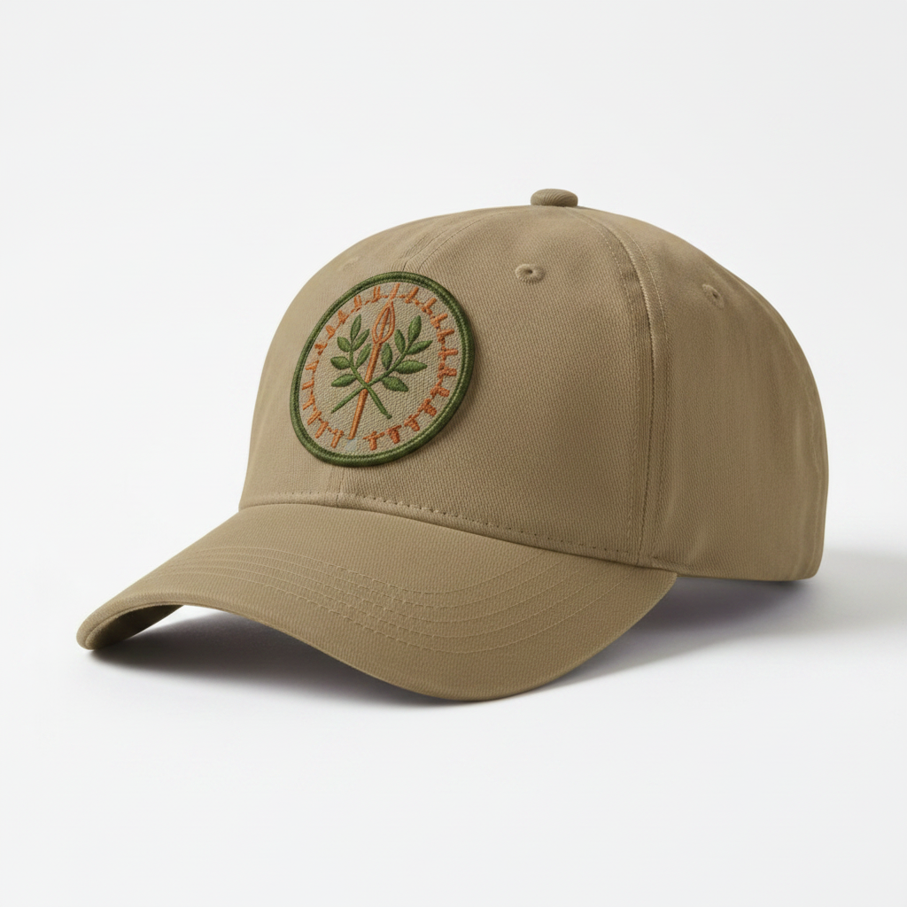 Field Cap — Khaki — Studio shot — khaki field cap with embroidered patch.