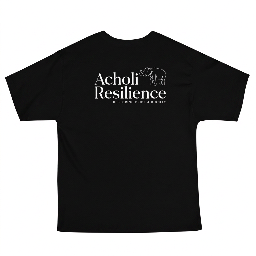 Heritage Tee — Black — Back flat lay — full Acholi Resilience wordmark.
